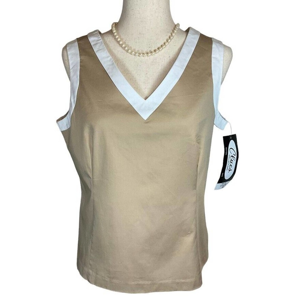 Clues Collection (12) Sleeveless Blouse Tan & White Back Zip Cotton Stretch NWT